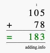 Calculate 105 + 78 using long addition
