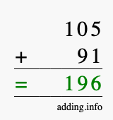 Calculate 105 + 91 using long addition