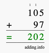 Calculate 105 + 97 using long addition