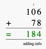Calculate 106 + 78 using long addition