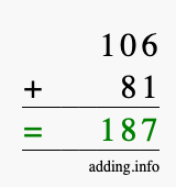 Calculate 106 + 81 using long addition