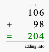 Calculate 106 + 98 using long addition