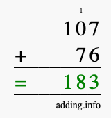Calculate 107 + 76 using long addition