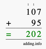 Calculate 107 + 95 using long addition
