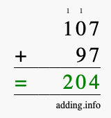 Calculate 107 + 97 using long addition