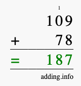 Calculate 109 + 78 using long addition
