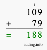 Calculate 109 + 79 using long addition