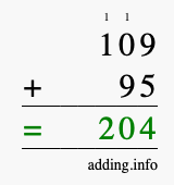 Calculate 109 + 95 using long addition