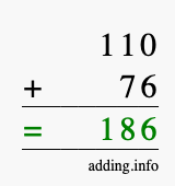 Calculate 110 + 76 using long addition