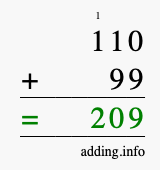 Calculate 110 + 99 using long addition