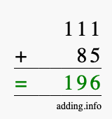 Calculate 111 + 85 using long addition