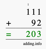 Calculate 111 + 92 using long addition