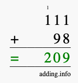 Calculate 111 + 98 using long addition
