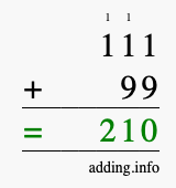 Calculate 111 + 99 using long addition