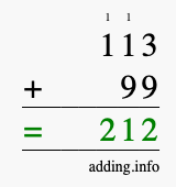 Calculate 113 + 99 using long addition