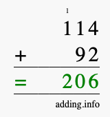 Calculate 114 + 92 using long addition