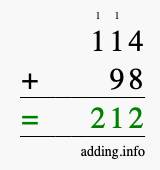 Calculate 114 + 98 using long addition