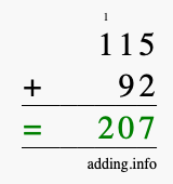 Calculate 115 + 92 using long addition