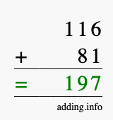 Calculate 116 + 81 using long addition
