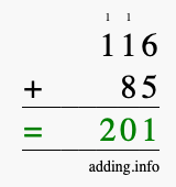 Calculate 116 plus 85 using long addition Calculate 116 + 85 using long addition
