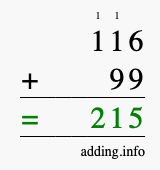 Calculate 116 plus 99 using long addition Calculate 116 + 99 using long addition