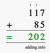 Calculate 117 + 85 using long addition