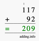 Calculate 117 + 92 using long addition