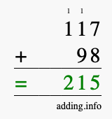Calculate 117 + 98 using long addition