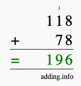 Calculate 118 + 78 using long addition