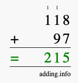 Calculate 118 + 97 using long addition