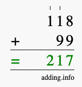 Calculate 118 + 99 using long addition