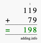 Calculate 119 + 79 using long addition