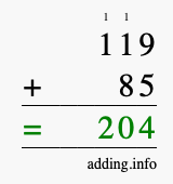 Calculate 119 plus 85 using long addition Calculate 119 + 85 using long addition