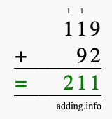 Calculate 119 + 92 using long addition