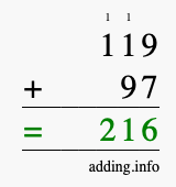 Calculate 119 + 97 using long addition