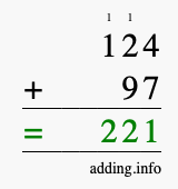 Calculate 124 + 97 using long addition