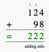 Calculate 124 + 98 using long addition
