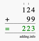 Calculate 124 + 99 using long addition