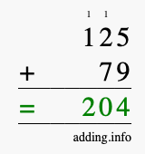 Calculate 125 + 79 using long addition