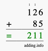 Calculate 126 + 85 using long addition