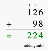 Calculate 126 + 98 using long addition