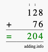 Calculate 128 + 76 using long addition