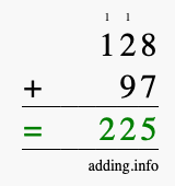 Calculate 128 + 97 using long addition