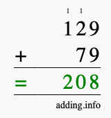 Calculate 129 + 79 using long addition