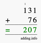 Calculate 131 + 76 using long addition