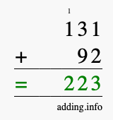Calculate 131 + 92 using long addition
