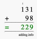 Calculate 131 plus 98 using long addition Calculate 131 + 98 using long addition