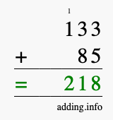 Calculate 133 + 85 using long addition