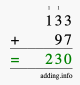 Calculate 133 + 97 using long addition