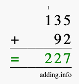 Calculate 135 + 92 using long addition